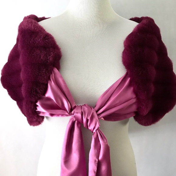 Sharon Deep Plum Dark Magenta Rose Satin Faux Fur Warp Shawl - Picture 11 of 15